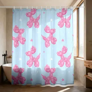 2D Flat, 1pc Pink Balloon Dog & Star Shower Curtain With Grommet Hooks - Machine Washable Bathroom Curtain Suitable For,,, Bath Privacy, Easy Install, Balloon Dog & Star Design, Year-Round, Holidays, 2D Flat