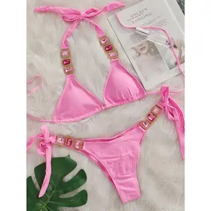 Sexy Rhinestone Bikini Set Women 2026 Luxury Pink Crystal Diamond Push Up Bandage Thong Swimsuit Beach Bathing Suit SwimwearBeach photographyBeach photography