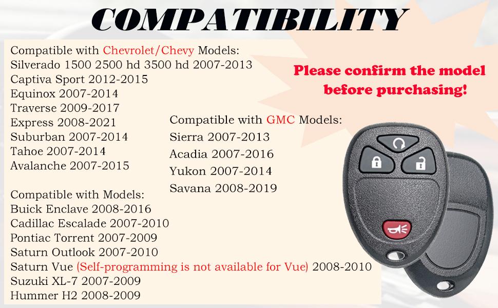 Keyless Entry Remote Control Key Fob Replacement Fits Chevy Silverado Avalanche Equinox Express Traverse GMC Yukon Sierra 1500 2500 3500 HD Acadia 2007 2008 2009 2010 2011 2012 2013 OUC60270 Keyless Entry Remote Control Key Fob Replacement Fits Chevy Silverado Avalanche Equinox Express Traverse GMC Yukon Sierra 1500 2500 3500 HD Acadia 2007 2008 2009 2010 2011 2012 2013 OUC60270