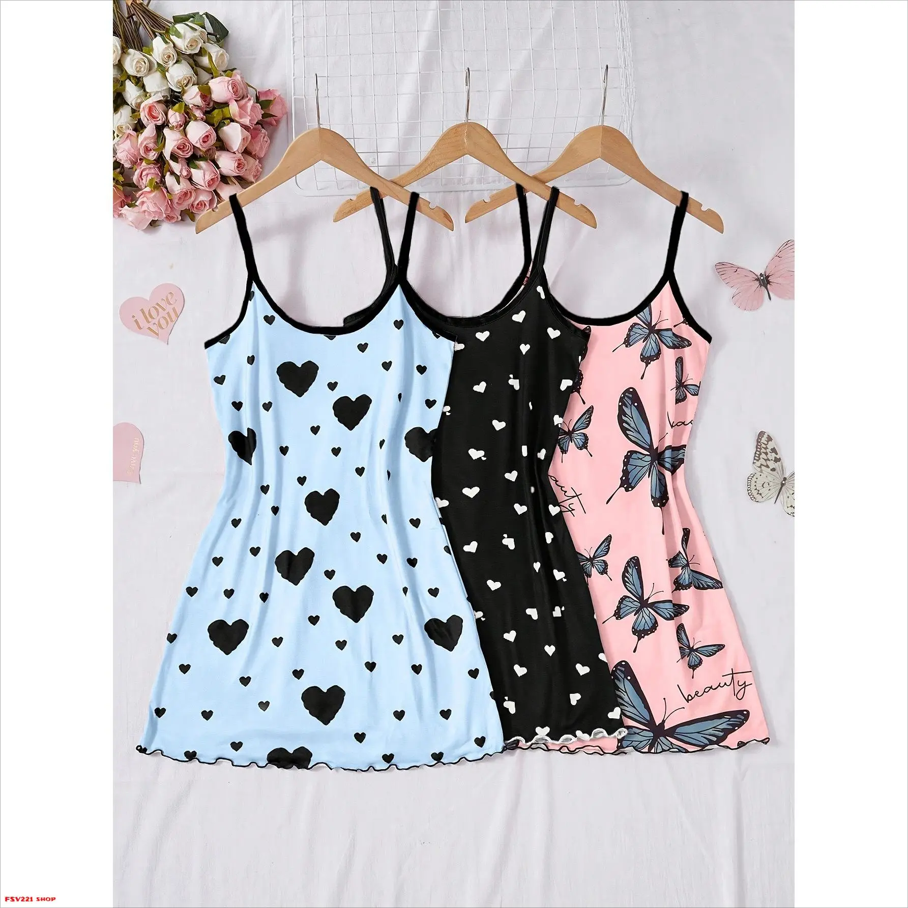 Women's 3-Pack Heart & Butterfly Print Cami Nightgowns - Spaghetti Strap Scoop Neck Mini Slip Dresses, Comfortable Breathable Ladies Sleep Loungewear