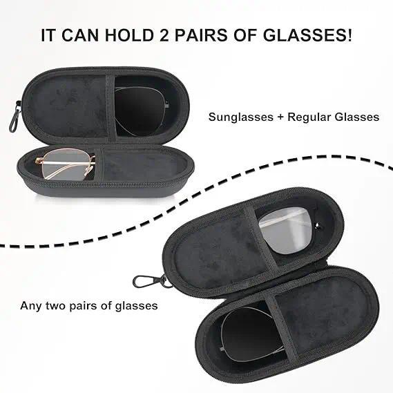 Dual Compartment Double Glasses Case, 2-Pair Eyeglasses & Sunglasses Organizer with Zipper Closure, Compact Secure Clip-On Storage Box for Travel, Daily Carry & On-the-Go