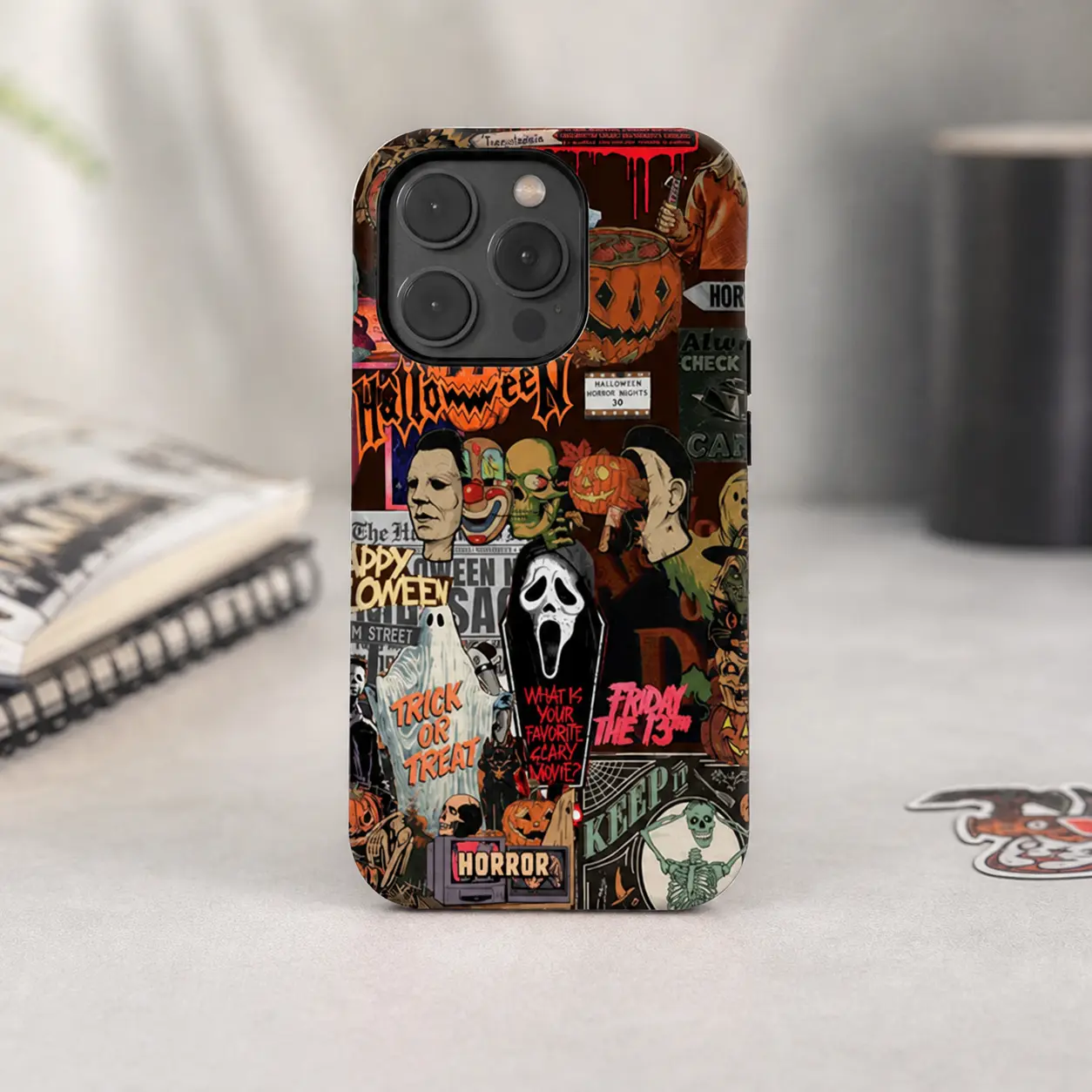 Vintage Halloween Horror Poster Collage Design Phone Case, 2-in-1 Polycarbonate Hybrid Shell Accessories, Shockproof, Waterproof, Drop-Resistant, Camera Protection, Multi-Model Fit for iPhone 11-X/15 Plus/17 Pro Max & Galaxy S22-S26 Ultra, Unisex Gift, Sm