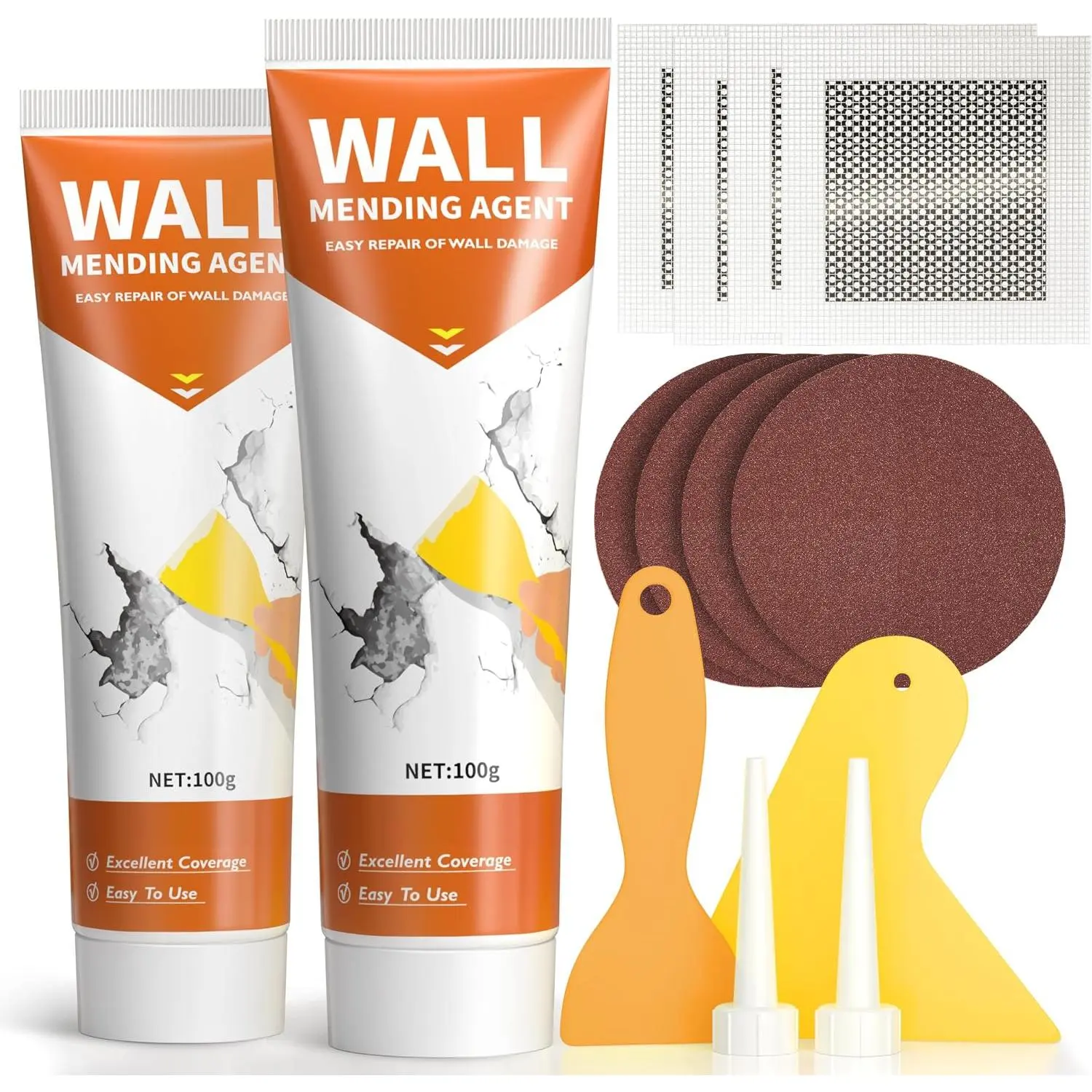 Drywall Repair Kit,2 Pack Wall Repair Paste for Wall Holes & Cracks | 4 Wall Patches,2 Scraper,4 Sandpapers,Minor Repairs,Quick Drying,Apartment Friendly,White Finish