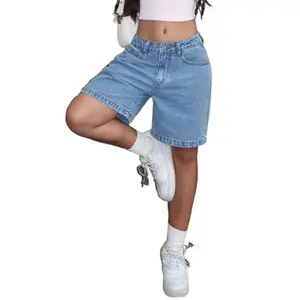 Women's Denim Shorts, Casual Washed Bermuda Style, Comfortable Mid-Thigh Length Bottoms for Everyday Summer Streetwear