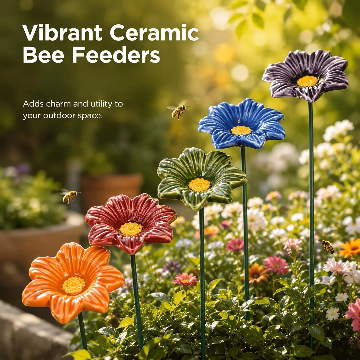 5PC Flower-Shaped Bee Waterer Set, Bee Feeders, handcrafted from ceramic, featuring an outdoor feeding dish with a garden stake. Suitable for both indoor decoration and outdoor insect feeding, perfect for decorating patios, balconies, and garden paths.