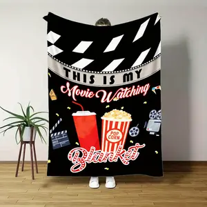 1Pc Reversible Movie Theater Popcorn & Soda Blanket - Soft Cozy Flannel Throw With Popcorn Bucket & Soda Cup Print, All-Season Indoor/Outdoor Use For Bed, Sofa, Machine Washable - Gift For Film Lovers, & S