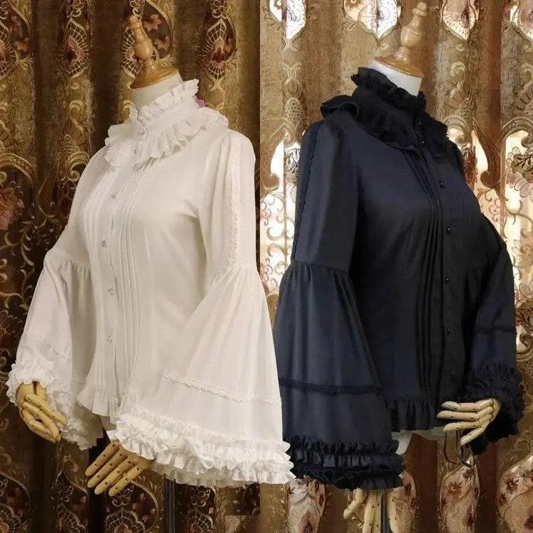 Gothic Lolita Blouses Women Sweet Elegant Lace Ruffles Turtleneck Slim Shirts Japanese Autumn Long Sleeve Tops