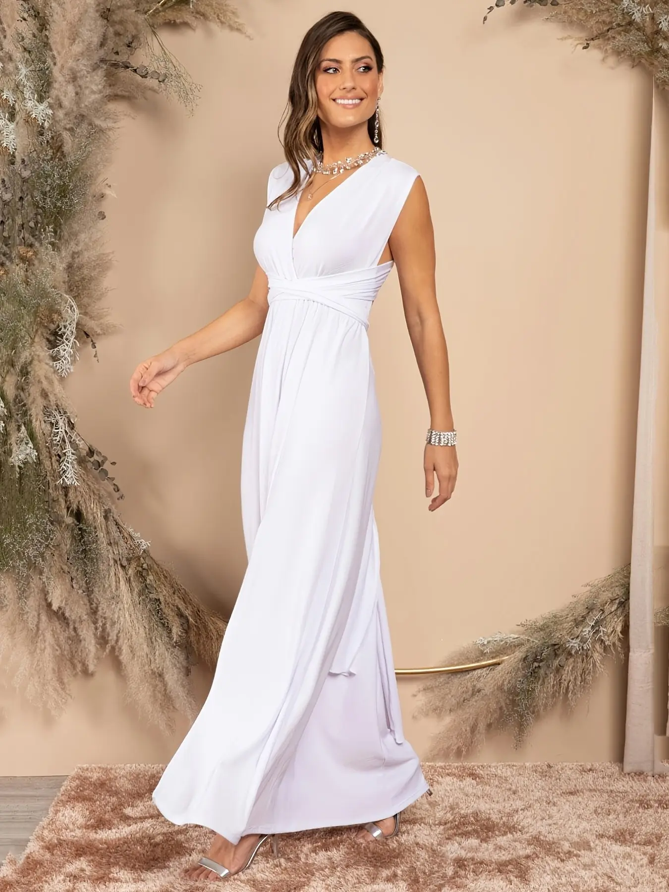 Multiple Ways to Wear European and American Luxury Vacation Formal Evening Dress, Halter Deep V Waist Cinch A-Line Long Skirt