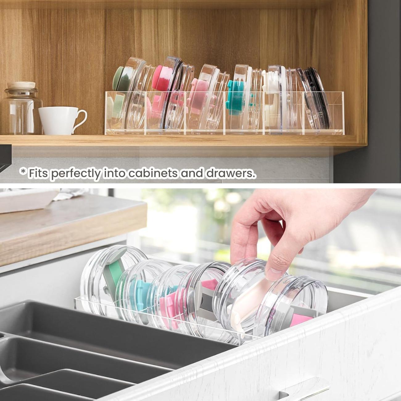 Acrylic Transparent Storage Box Cabinet Pantry Kitchen Organizers Cup Lid Organizer Multi-Purpose Adjustable Modern Storage 6 Compartments with Handle Yeti Tumbler Lid Simple Modern Lids Gifts Durable Non-Rusting