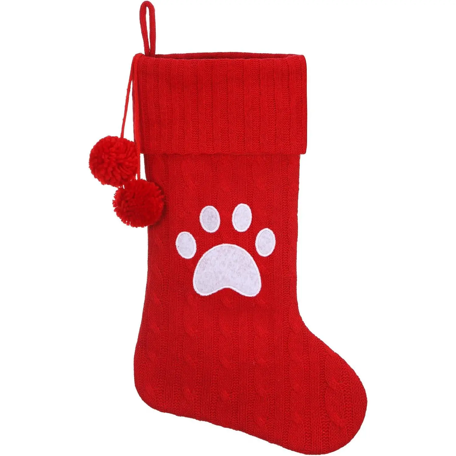 Personalized Christmas Stocking 19 Inch - Red Cable Knit with Monogram Embroidery & Pom Poms, Family Fireplace Hanger for Holiday Decor, Red Letter Paw