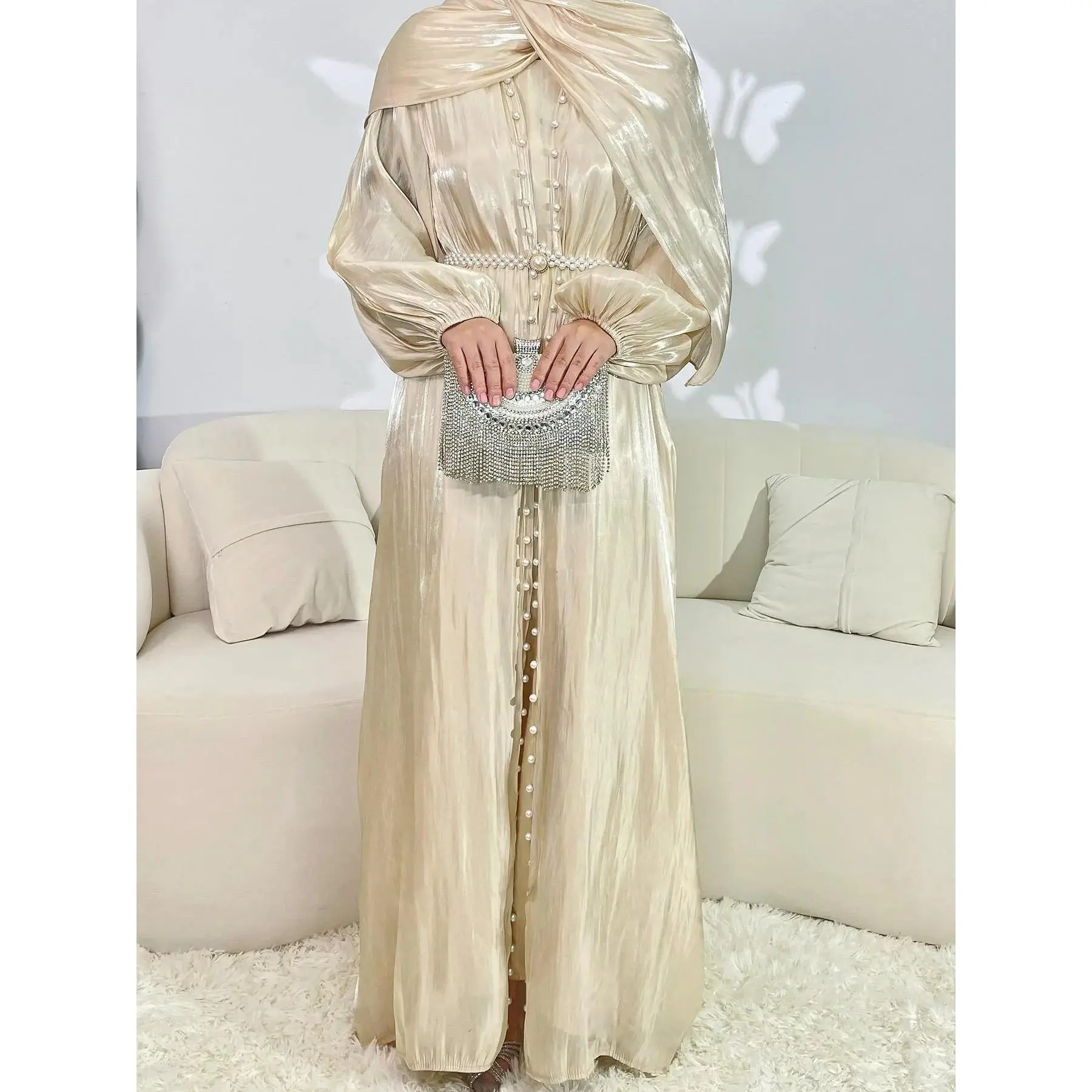 1Women's Solid Belted Abaya & Tank Dress Set, Elegant Bishop Sleeve Outerwear & Long Dress, Ladies' Islamic Clothing for All Seasons, Modest Abaya Set, Modesty Abaya, Solid Color Abaya