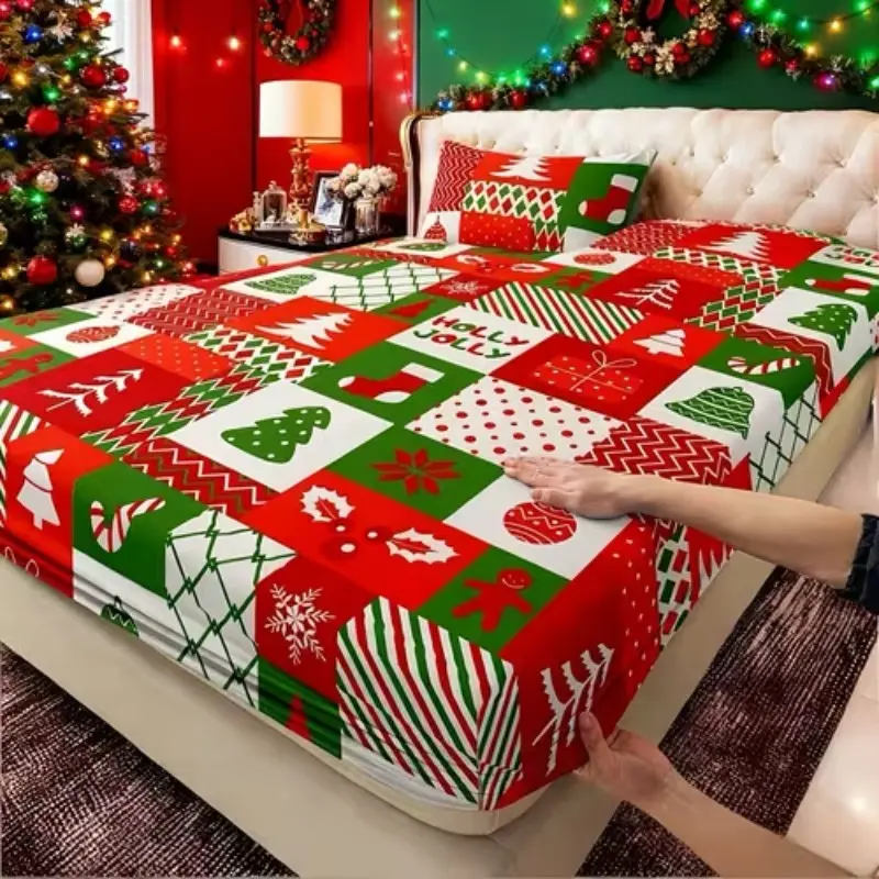 Classic Plaid Christmas Bed Sheet Set, Santa Tree Gingerbread Snowflake Print, 25cm Deep Pocket Mattress Protector