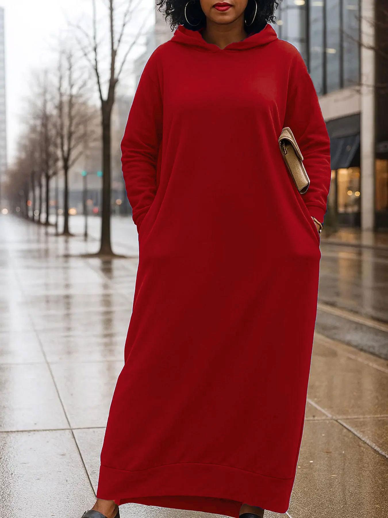 Women's Hooded Loose Long Dress, Spring & Fall Casual Street Style, Long Sleeve Relaxed Fit, Ladies Fashion Clothing, Womenswear