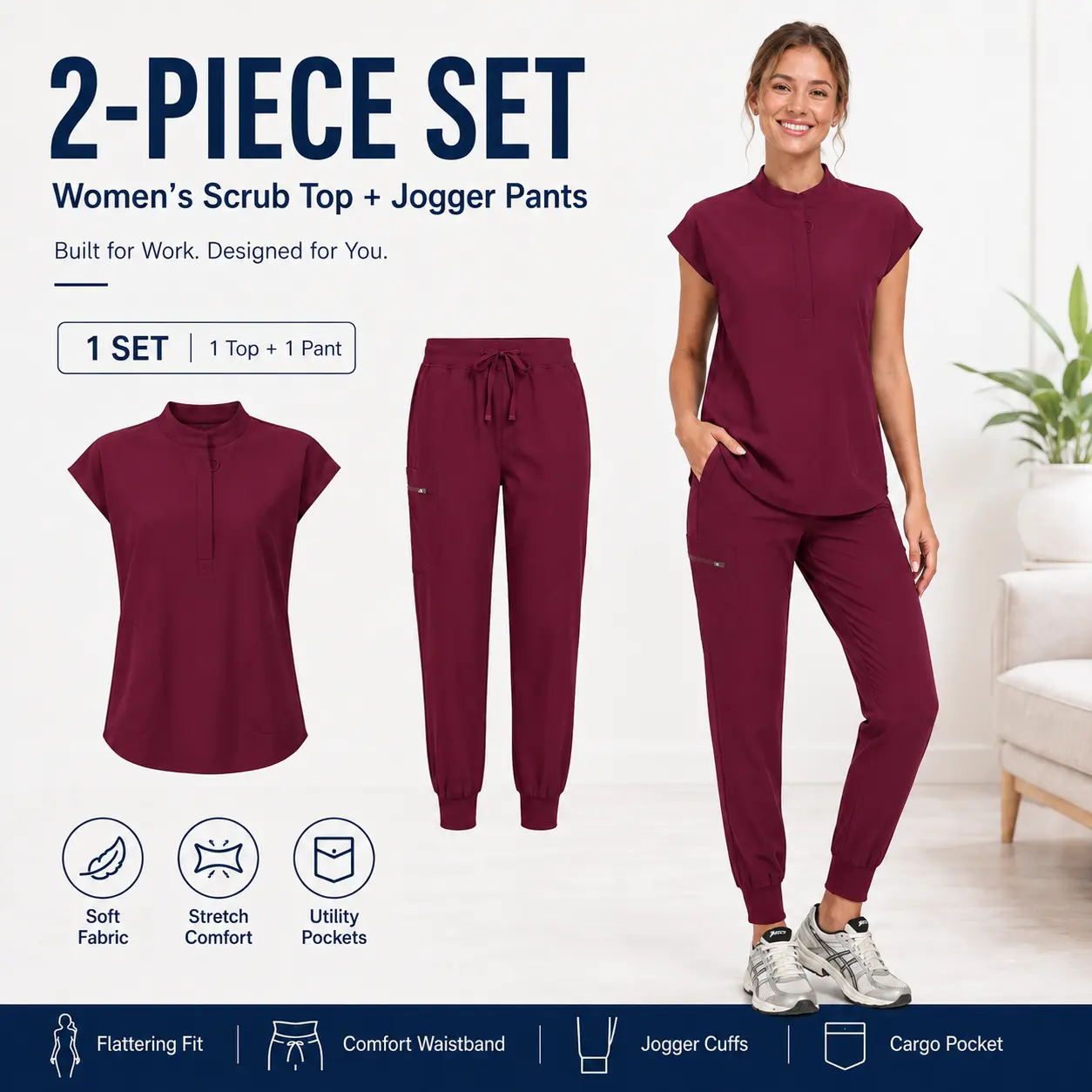 Women's 2-Piece Ribbed Mandarin Collar Minimalist Nurse Scrub Set - Button-Closure, Baggy Fit, Pockets, Drawstring Workwear with Matching Cap, Women's Clothes, Two Piece Set