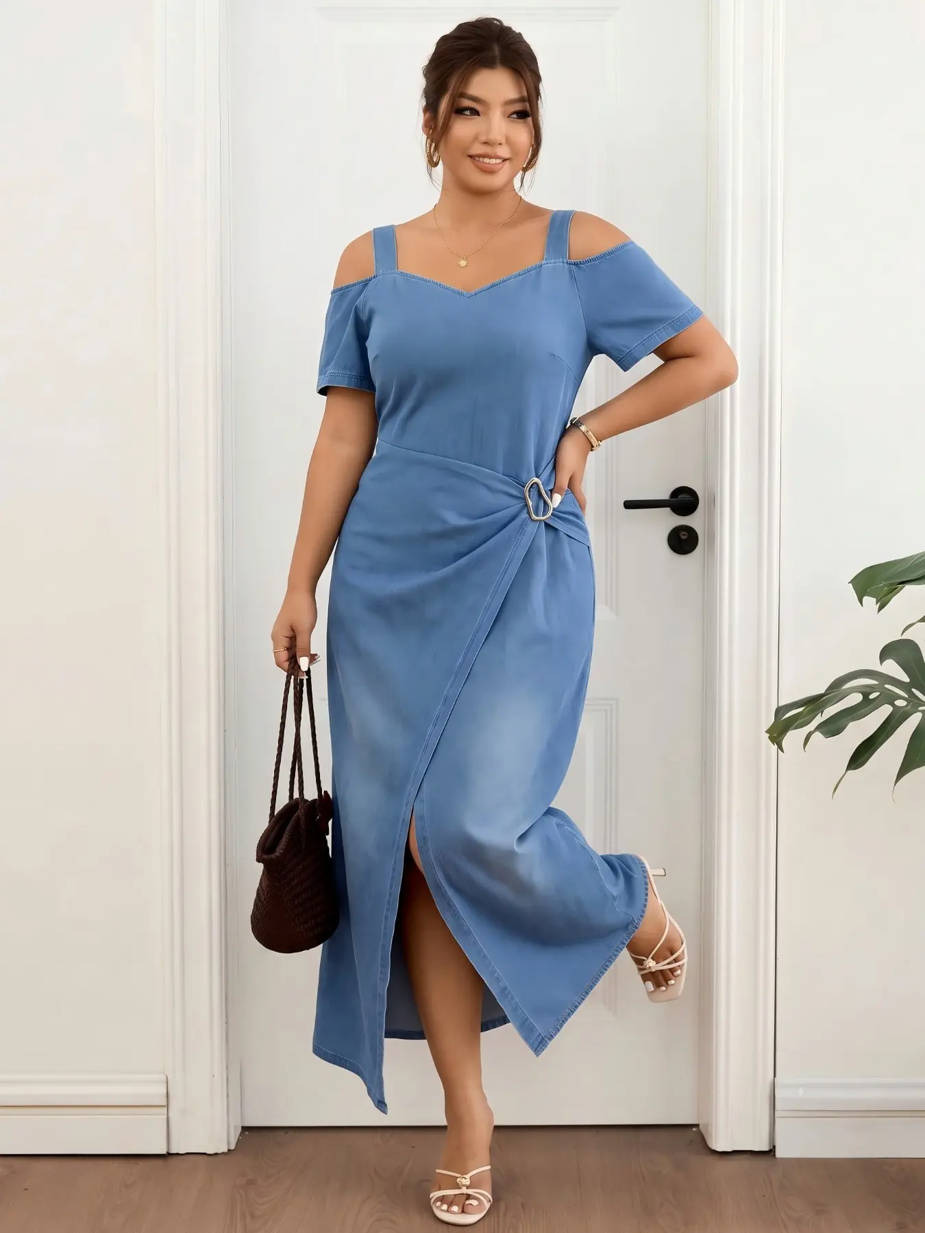 Plus Size Women's off Shoulder Denim Midi Dress, Short Sleeve Metal Button Pleated Wrap Split Soft Denim Long Dress
