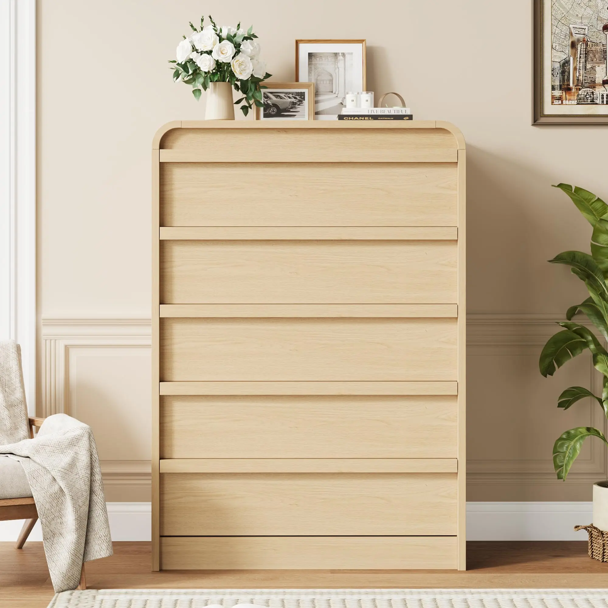 Modern Arched 5-Drawer Sideboard – Tall Freestanding Wooden Cabinet with Spacious Storage, Curved Handleless Design, Sturdy Construction for Dining or Entryway