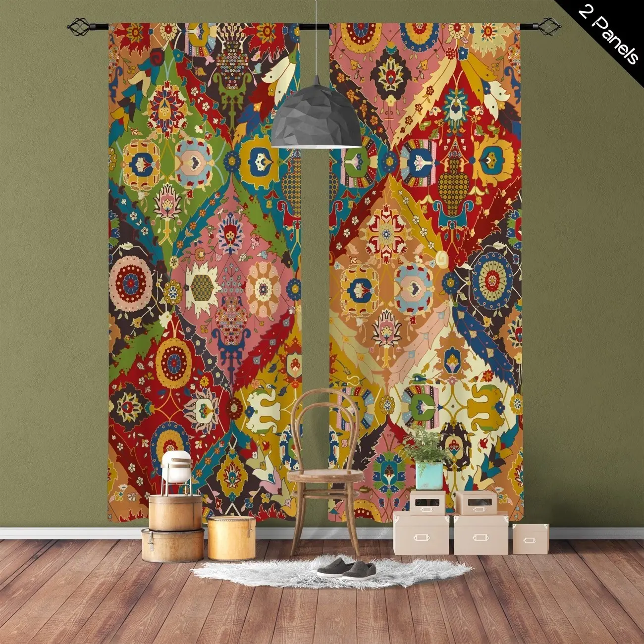 2 Piece Bohemian Pattern Abstract Geometric Print Sheer Curtains, Vibrant Polyester Rod Pocket Design, Living Room Bedroom Kitchen Decor, Sheer Material