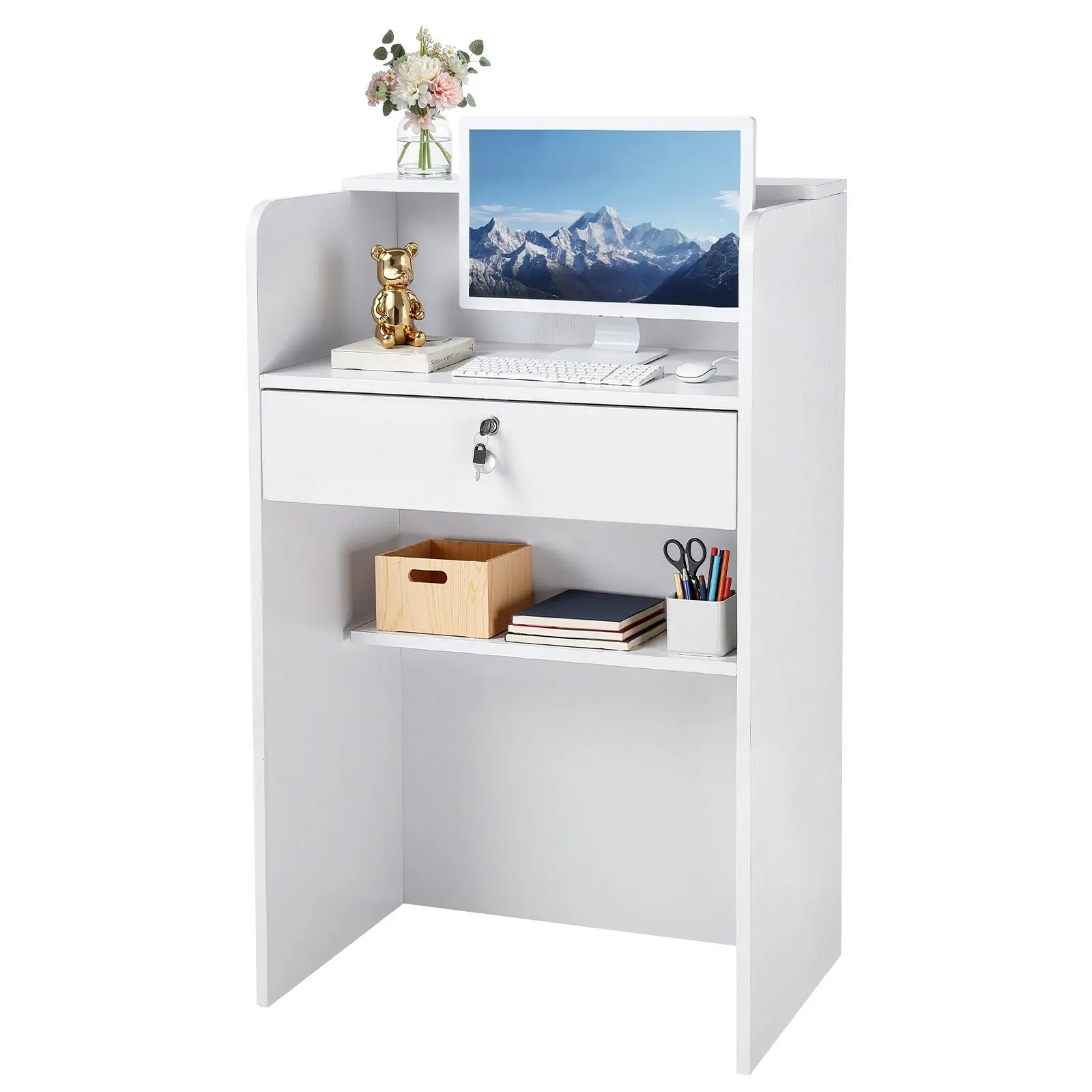 【DealsForYouDays】VEVOR Reception Desk, 23.6 inch Rectangular Front Counter Table, Modern Office Reception Desk with Drawer, Small Minimalist Retail Counter Table for Checkout, Lobby, Beauty Salon and Office, White, Particle Board, 23.6X15.7x37.8"