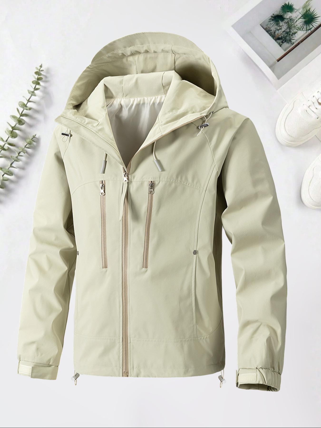 Men's Solid Pocket Drawstring Hooded Jacket, Regular Fit Casual Waterproof Windproof Long Sleeve Zip Up Outerwear for Spring & Fall, Fashion Men's Clothes for Daily Wear