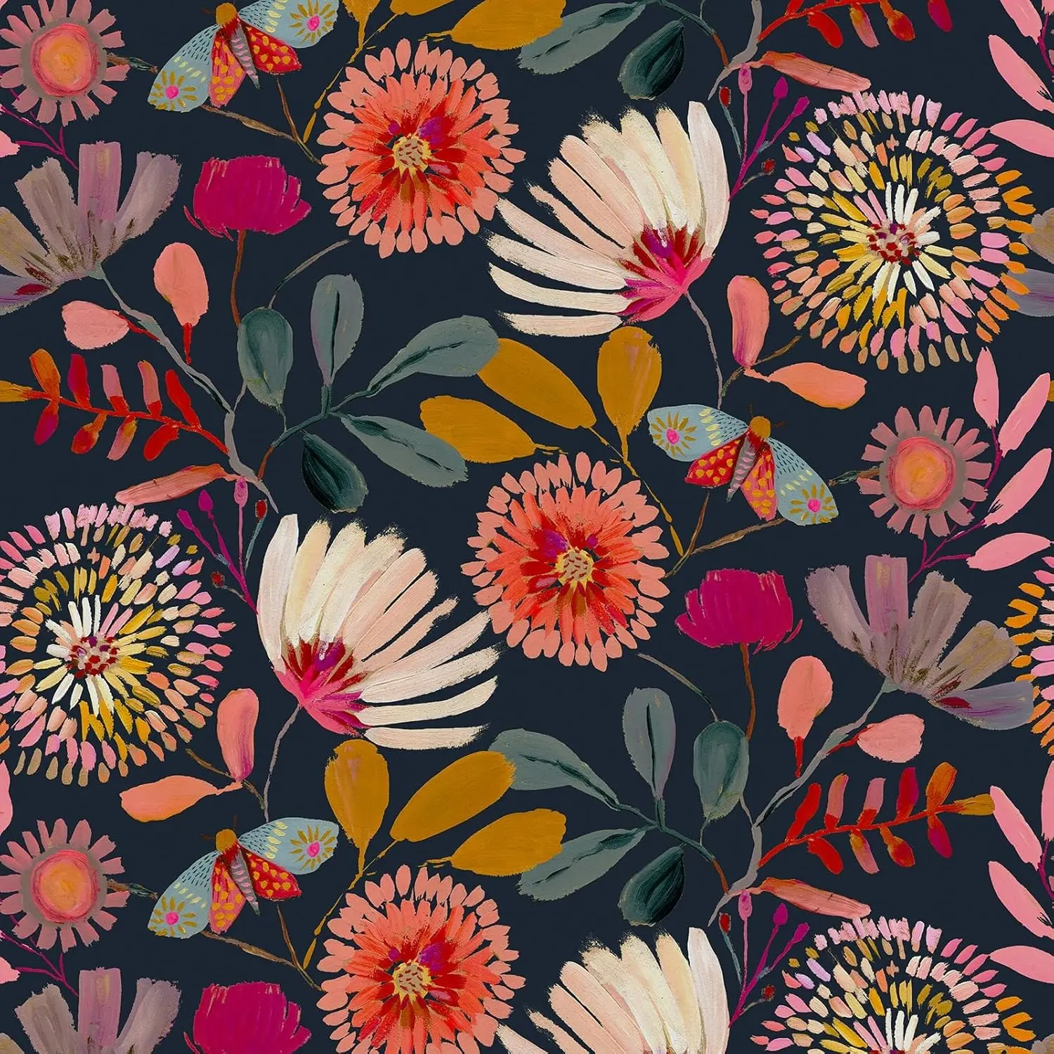 Peel-and-Stick Floral Removable Waterproof Wallpaper Contact Paper, 17.3in x 118in Navy Pink Orange, for Bedroom Bathroom Room Decor House Decor, Home