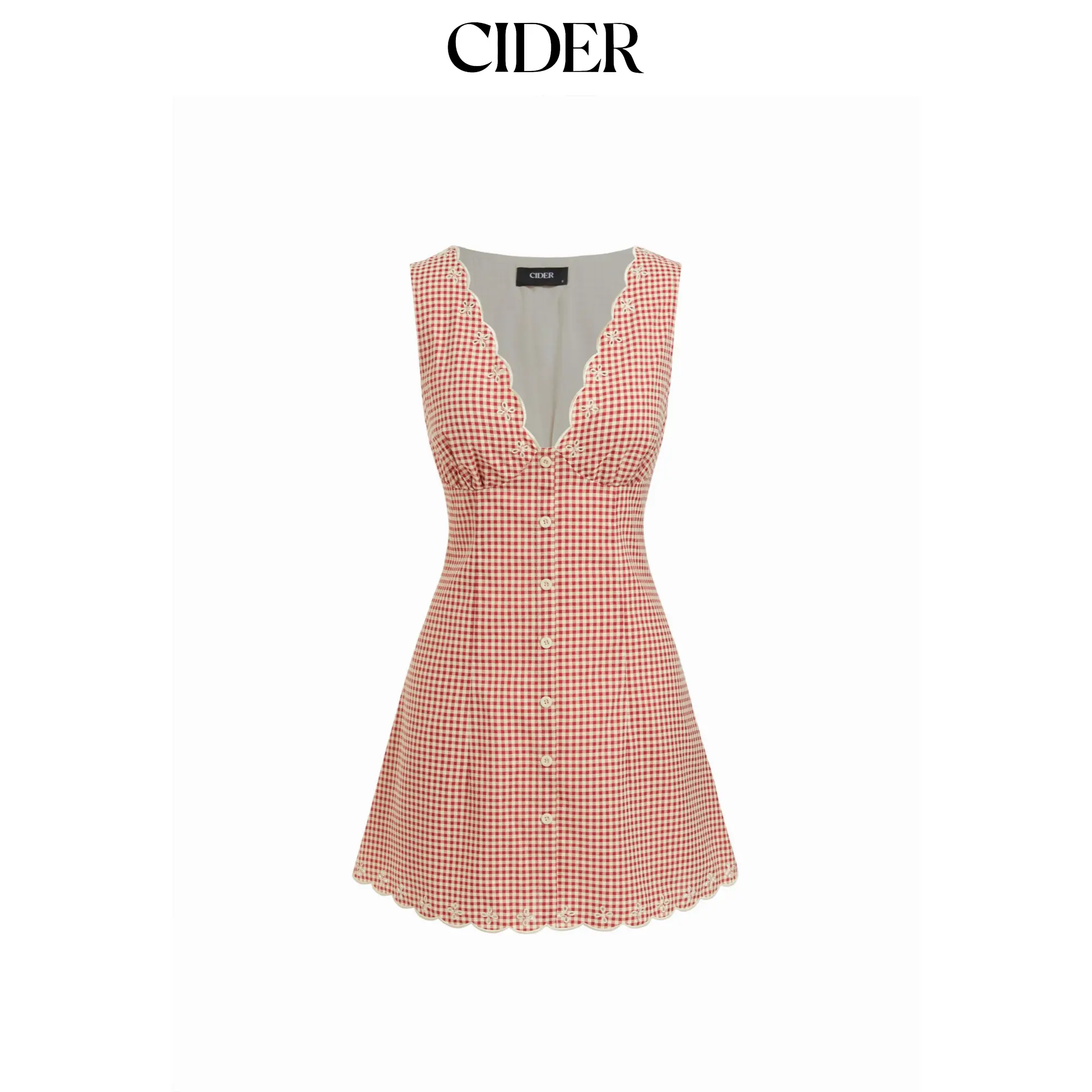 Cider Cotton-blend Gingham V-neck Scallop Hem A-line Mini Dress SummerFinds
