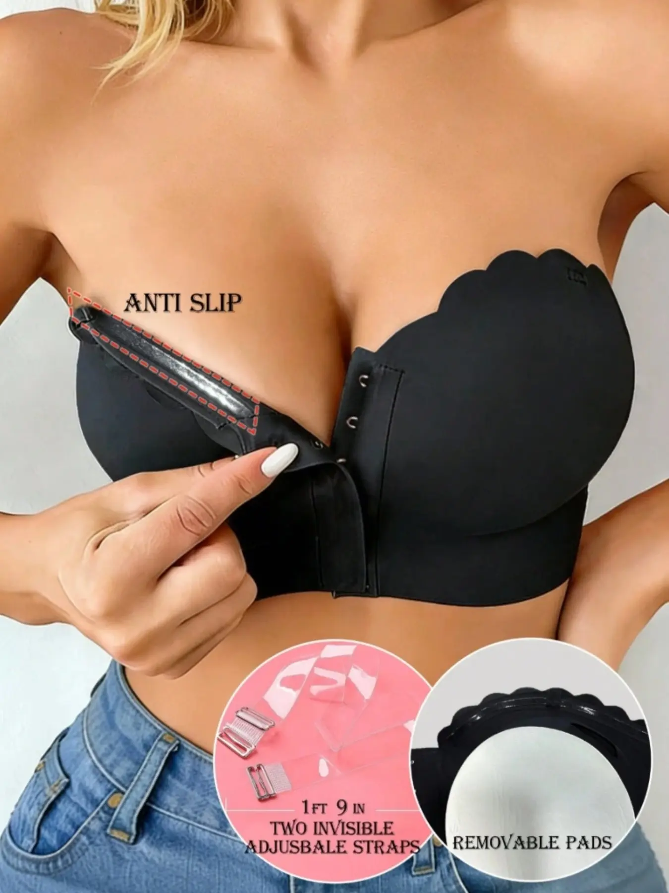 1Pc Women Strapless Seamless  Wireless Bra Removable Pads Front Close  Comfortable Full Cup Bandeau Bra