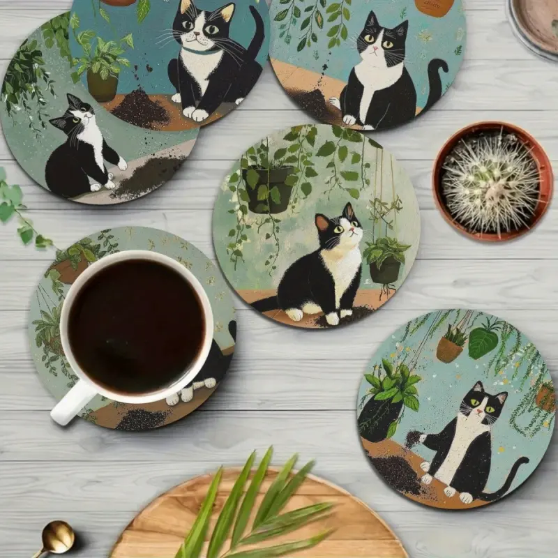 A 6-piece wooden coaster set with cute cat patterns, drink coasters, suitable for mugs and tea cups. It is ideal for use in offices, kitchens, and desks. It is a must-have for cat lovers as a housewarming gift