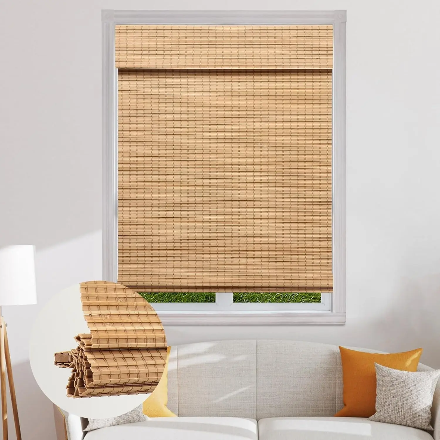 Carbonized Cordless Roll-Up Bamboo Roman Shades - 30x64 in Blackout Privacy Shades, UV Resistant Easy-to-Install Indoor Window Blinds for Home, Office