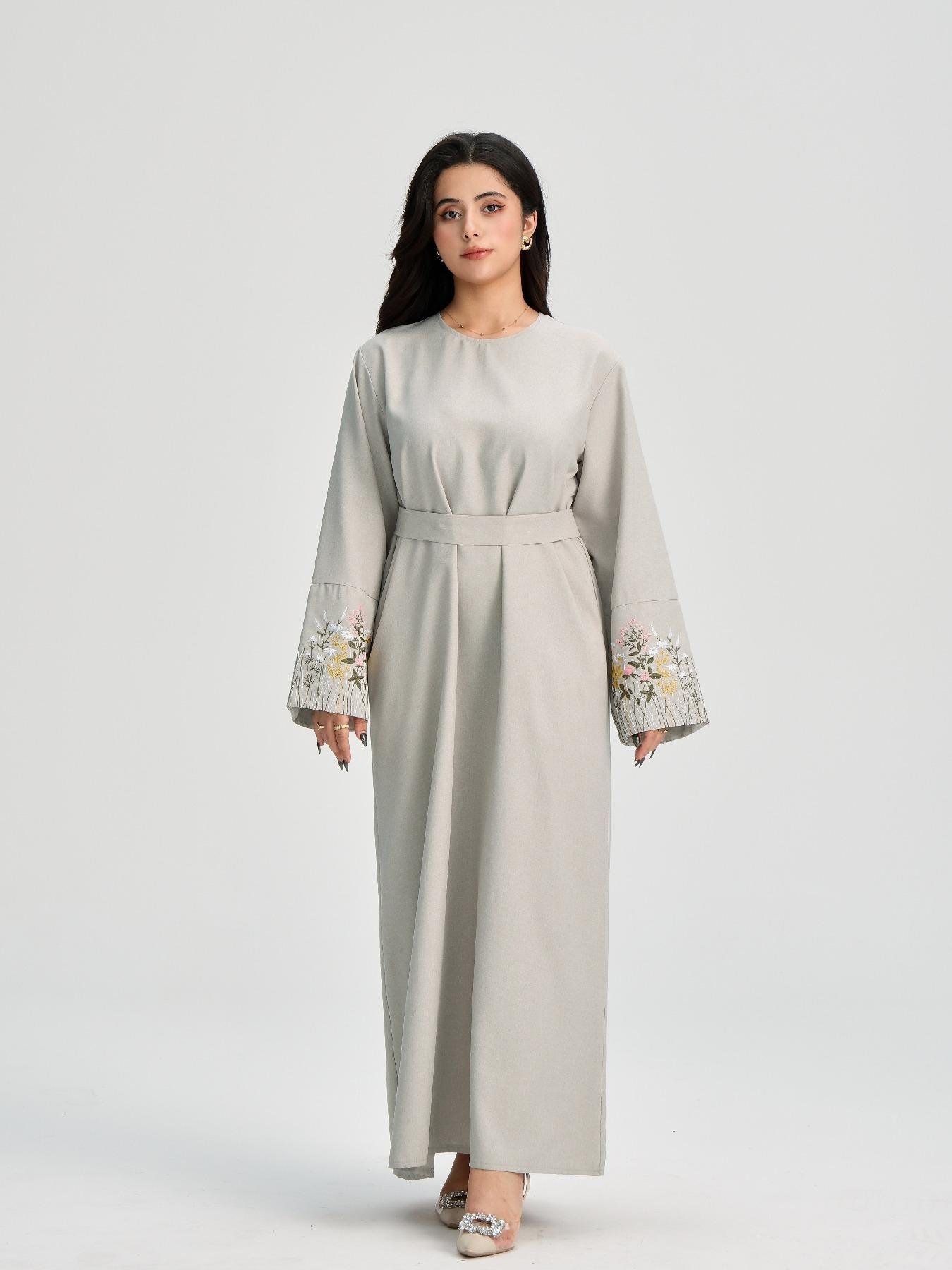 Women's Floral Embroidery Long Sleeve Dress, Modest Casual Round Neck Dress for Daily Wear, Ladies Islamic Clothing for All Seasons, Muslim Women Gowns, Modest Muslim Outfits, Modest Abaya Dress