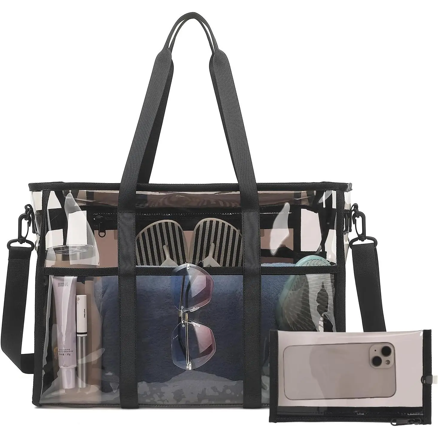 Large Iridescent Clear Tote Bag for Women with Phone Pouch and Strap, Heavy Duty Waterproof Jelly Beach BagGift
