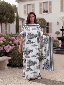 2-Piece Set Fashion Casual Plant Print Robe Hooded Shawl, Moomoo Long Dress + Long Head Scarf Hairband, Women Beach Sun Protection Silk Scarf