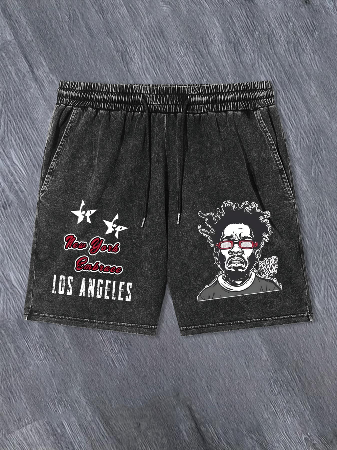 Men's Denim-Effect Print Letter Graphic Drawstring Waist Shorts, Casual Streetwear Shorts, Regular Fit Casual Street Comfy Shorts for Summer, Men's Bottoms for Daily Wear