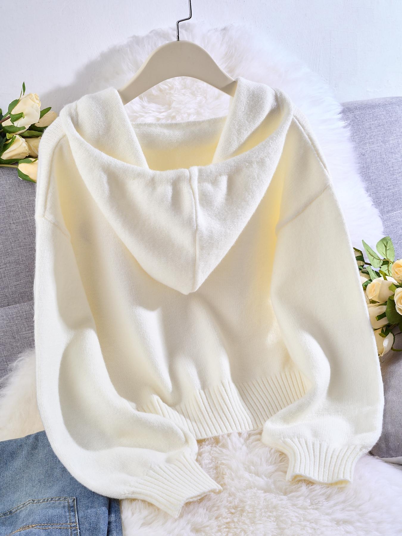 Women's Casual Knit Pullover Sweater, V Neck Hooded Sweatshirt, Loose Fit, Heart Embroidery, Fall & Winter Fashion, Knitted Pullover