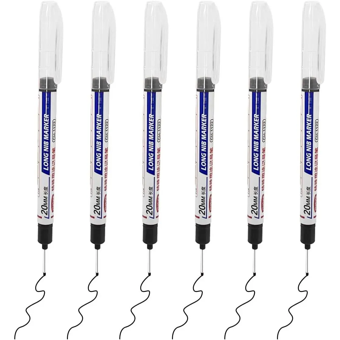6-Count Deep Hole Long Nib Markers, 30mm Writing Tools for Carpenters, Office Stationery & Construction Marking (Black)