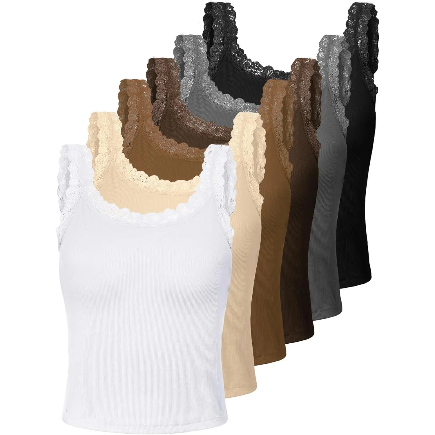 6 Pieces Lace Camisole Tank Tops Lace Trim Camisole Straps Womens Cami Undershirt Ribbed Tank Tops for Women