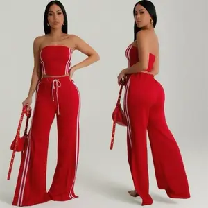 Women's New Striped Two-piece Sleeveless Navel Top & Wide-leg Pants Set Summer Street Two-piece Set Casual Fashion