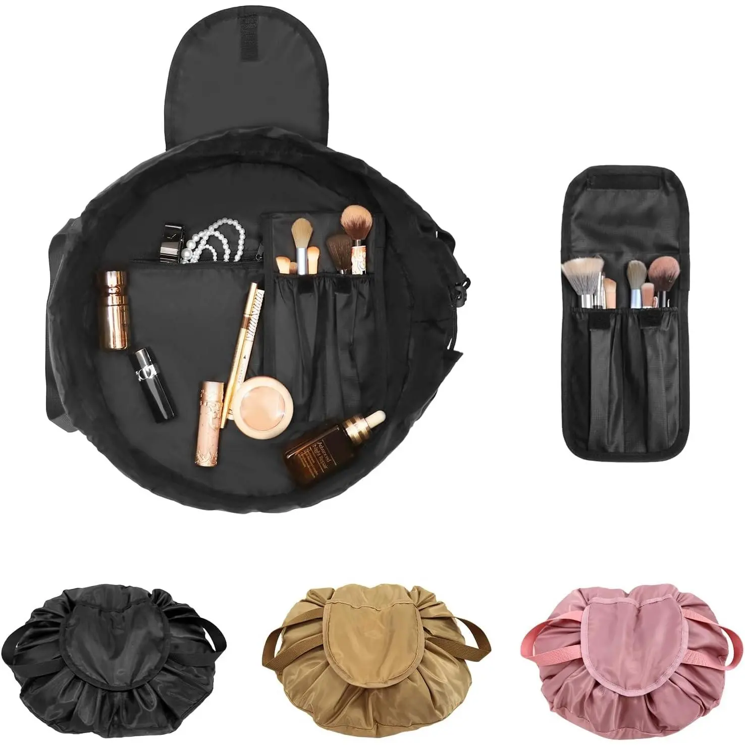 Drawstring Makeup Bag Open Lay Flat - Travel Cosmetic Organizer Bag for Women - Toiletry Bag with Brush Holder - Black, Large Capacity, Travel Essential