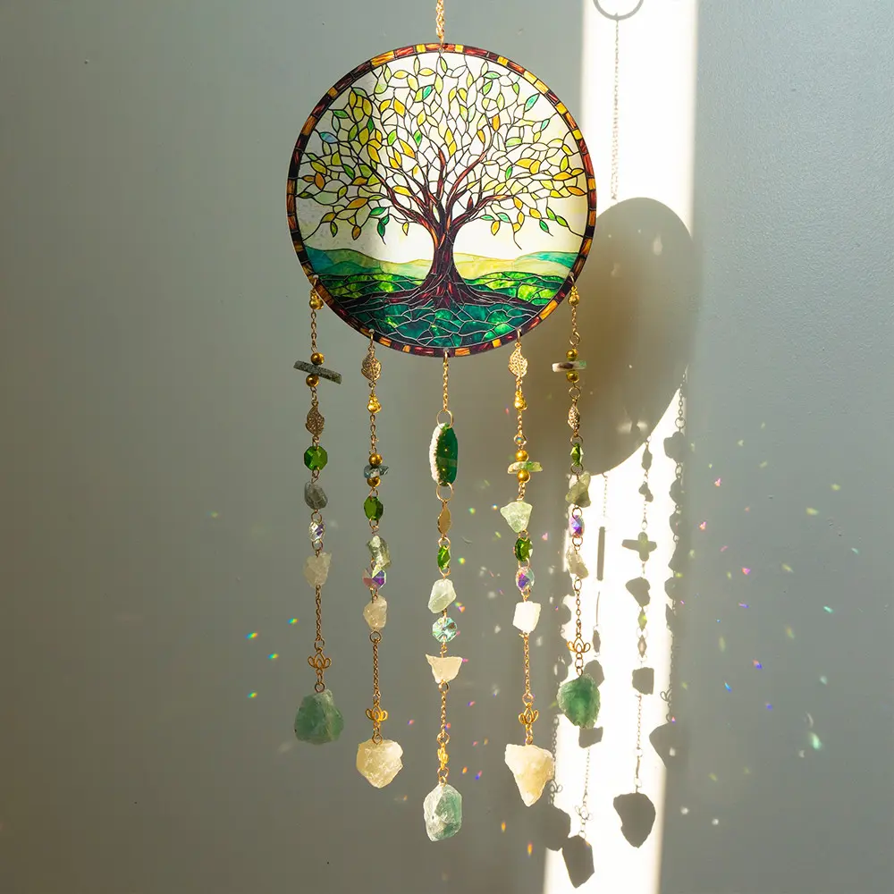 Tree of Life Design Acrylic Sun Catcher, Natural Color Gemstone Rainbow Maker, Living Room, Bedroom, Garden Home Decor, Indoor and Outdoor Decoration, Ideal Birthday Gift, Hanging, Hanging Ornaments