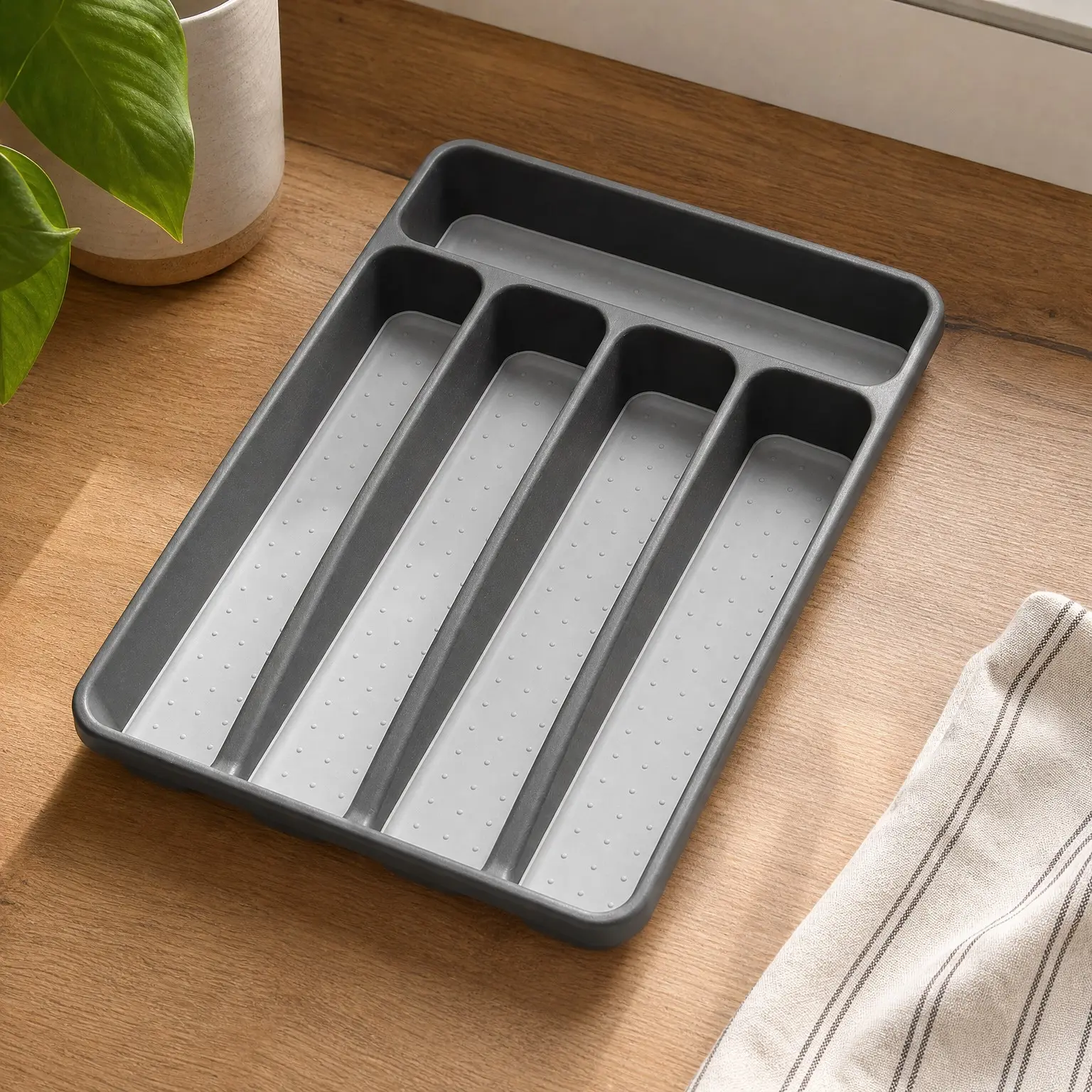 Classic 5 Compartment Compact Silverware Tray, Granite – Non-Slip Feet, Rounded Corners, Soft Grip Lining, Forks Knives Spoons, Flatware Sorting, Woman OwnedGift