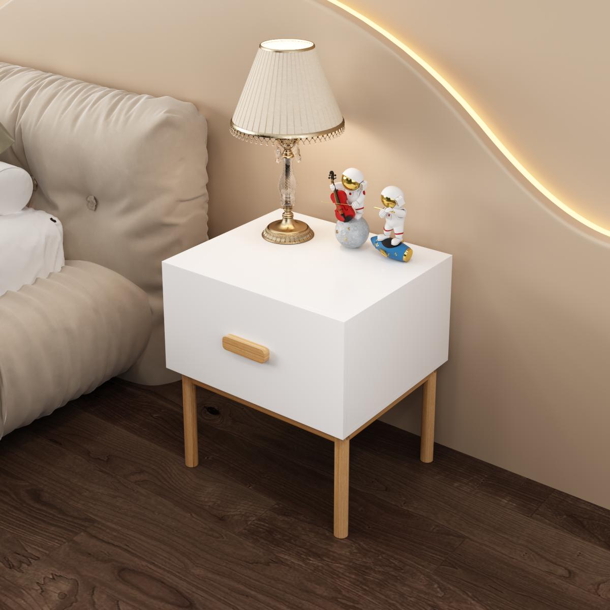 Modern White Nightstand with Drawer and Wood Legs, Minimalist Bedside Table with Handle for Bedroom, Living Room, Apartment Modern White Nightstand with Drawer and Wood Legs, Minimalist Bedside Table with Handle for Bedroom, Living Room, Apartment