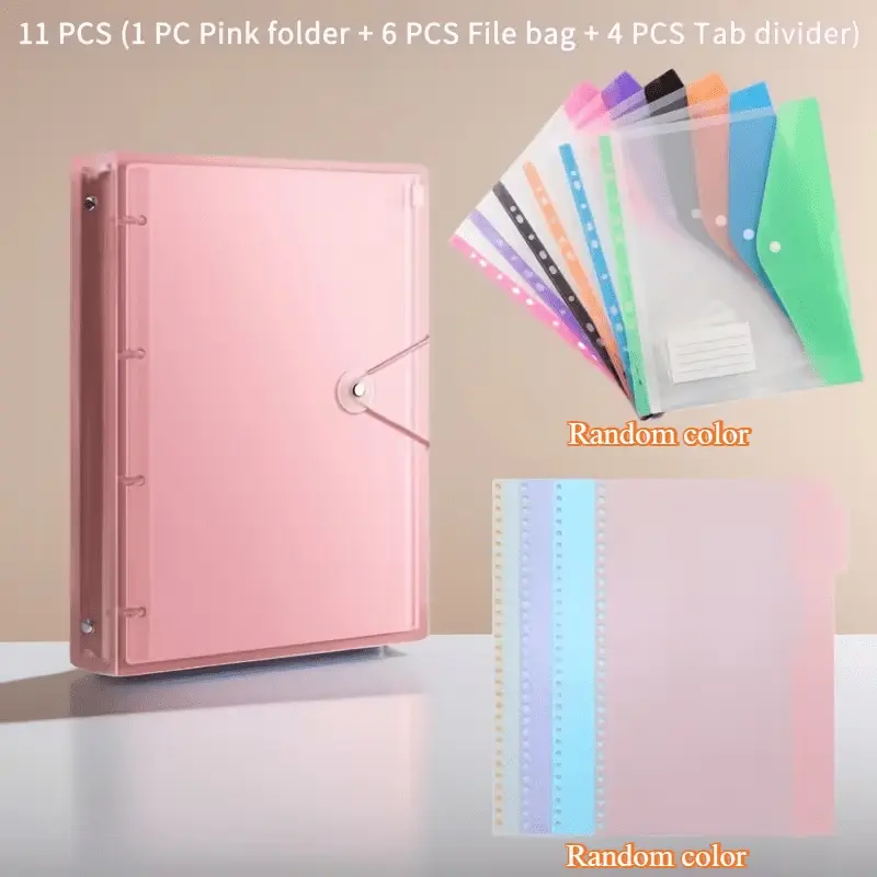 11pcs Set: Document Organizer Binder, 1 Heavy-Duty A4 Size PP Binder + 6 Random Color 11-Hole A4 Size Expandable File Pockets + 4 Random Color A4 Size Dividers, High-capacity, Ideal for School, Home, Office