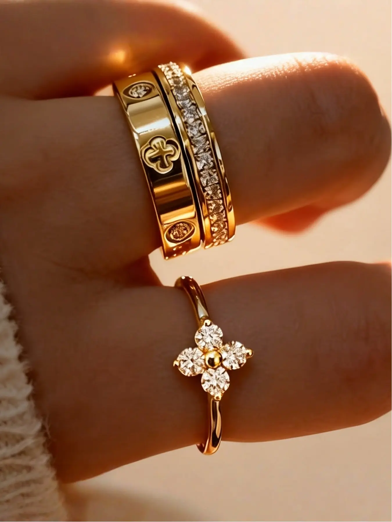 3-piece set of new fashionable and creative summer women's shiny square diamond rings, Fashion Stackable Rings, waterproof stainless steel, non-fading, suitable for daily wear, parties, gatherings, and Mother's Day gifts
