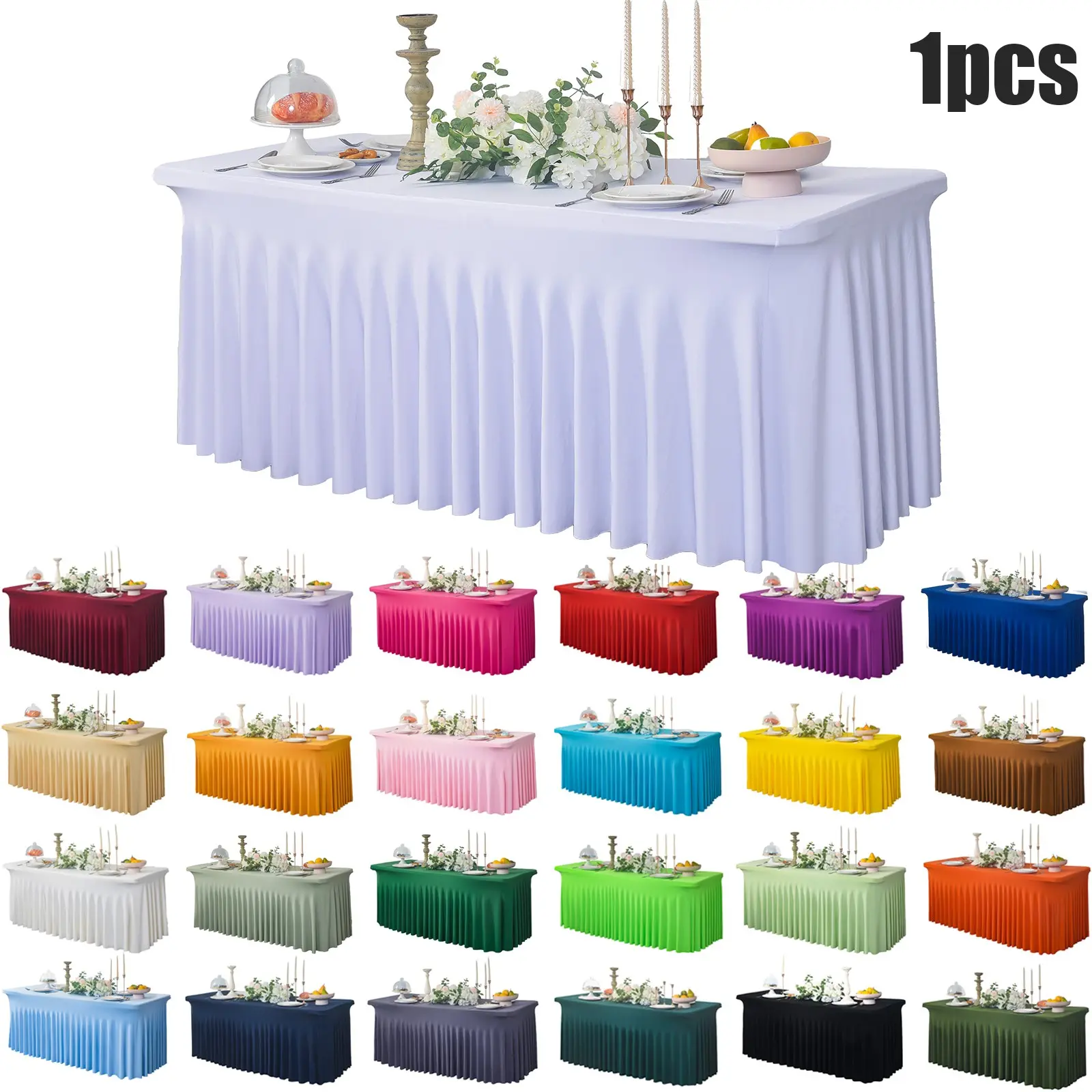 1 Pcs Spandex Table Covers for  Rectangle Tables, Wrinkle Free Fitted Tablecloths Stretch Table Clothes with Skirt for Parties Weddings Birthday Banquet Baby Shower