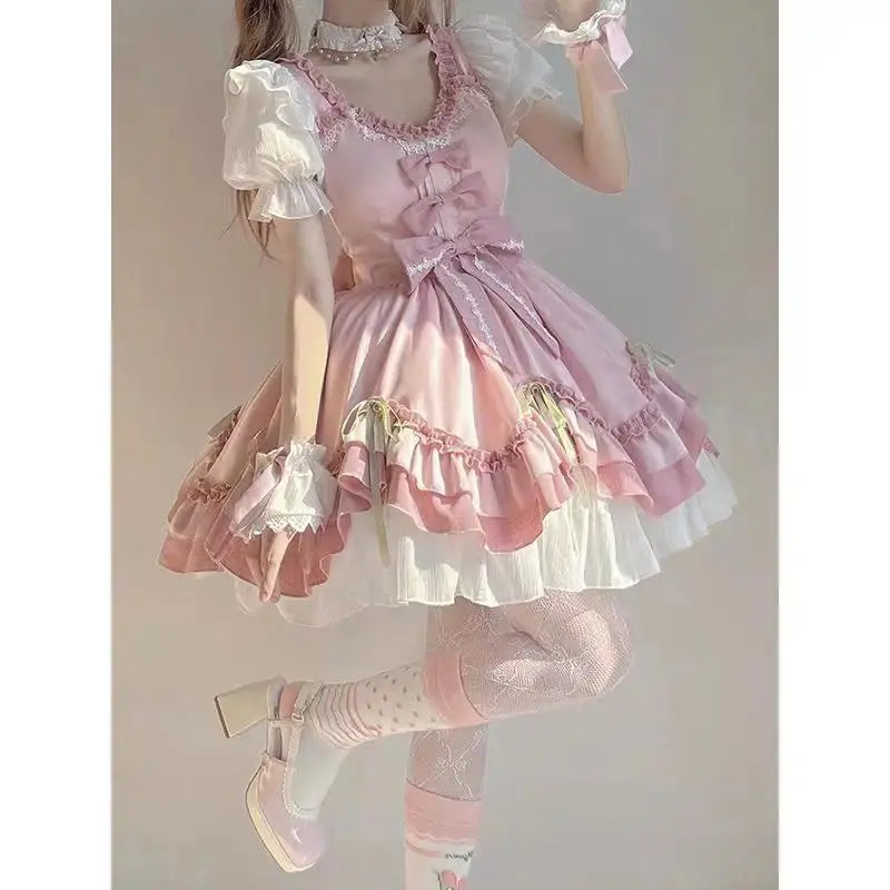 Japanese Style Cute Lolita Dress Women Short Sleeve Sweet Cosplay Princess Dress Female Party Fashion Y2k Mini Dress