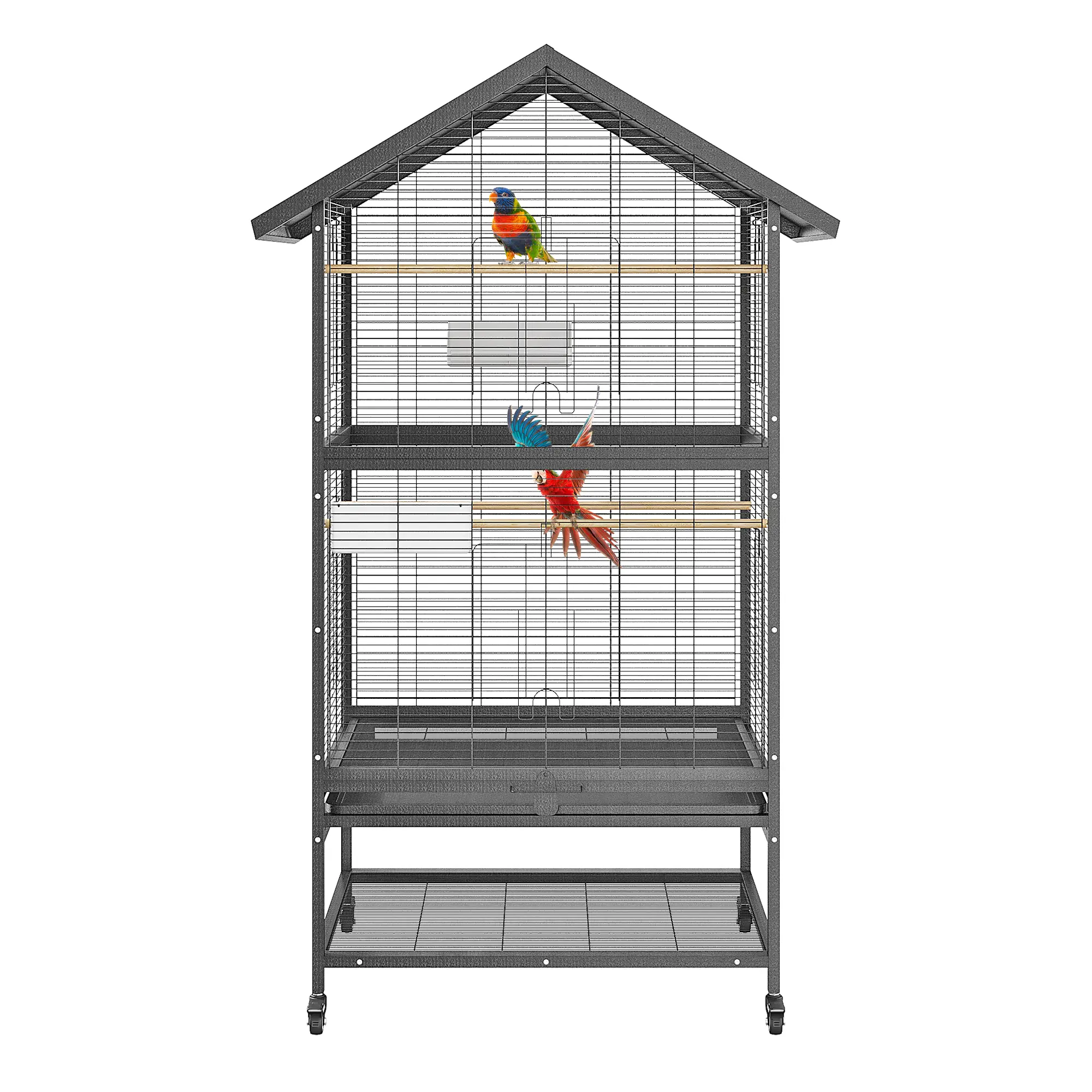 66" Double Bird Cage with Rolling Stand & Storage – Wrought Iron Aviary for Parrots, Cockatiels & Parakeets – 4 Perches & Bowls, Pull-Out Tray