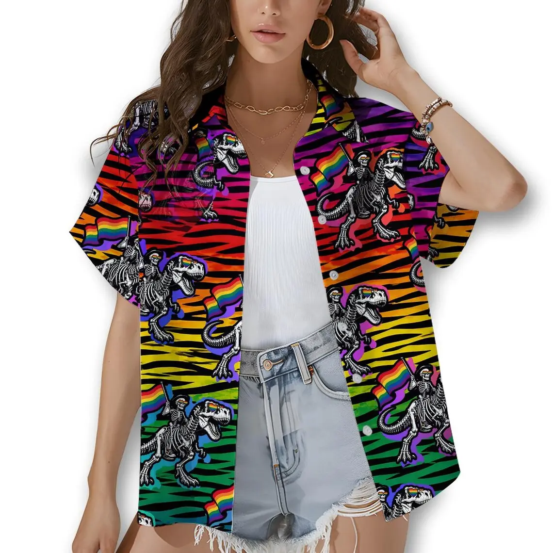 LGBT Rainbow Dinosaur Hawaiian Shirt for Women, Summer Pride Button Up Shirt, Colorful Dino Vacation Shirt
