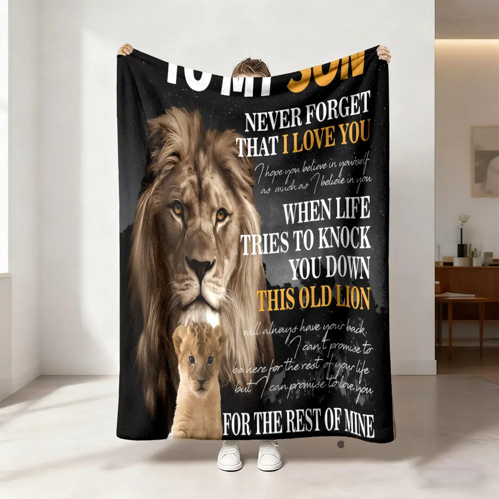 1 piece TO MY SON lion-patterned flannel blanket with digital printing. It's soft, warm, and multifunctional, suitable for sofa bed covers, office nap blankets, outdoor camping blankets, and all-season gifts.