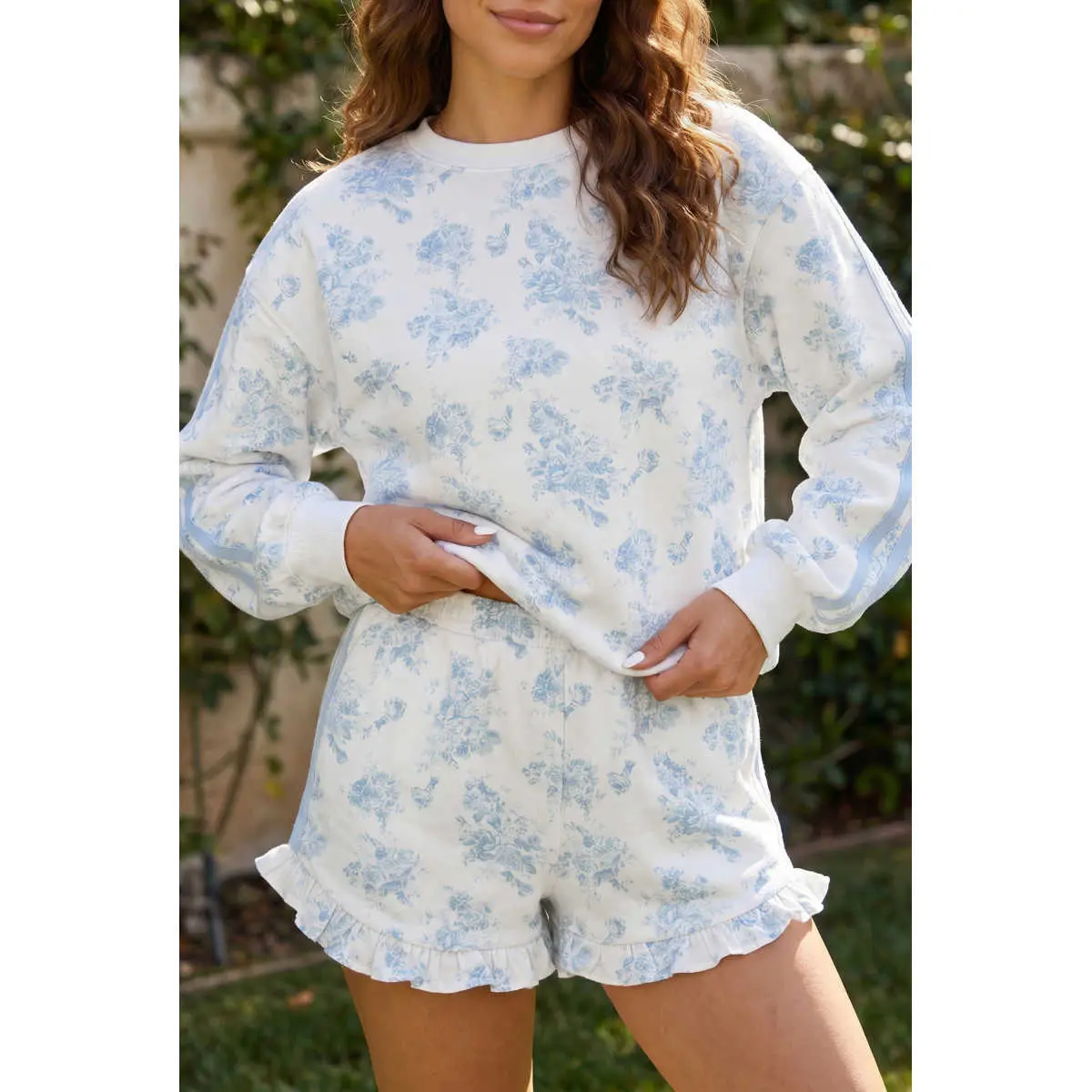 Sky Blue Floral Print Striped Detail Long Sleeve Top Ruffle Hem Shorts 2pcs Set