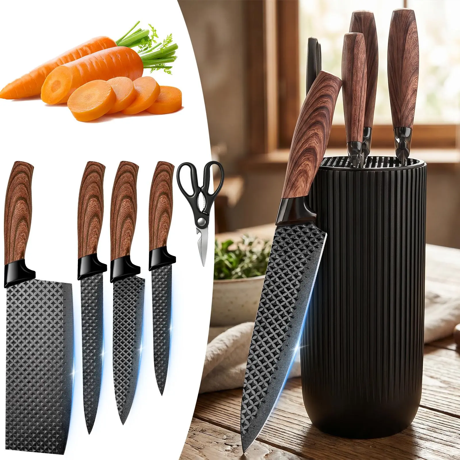 6-Piece Kitchen Knife Set, Chef Knife Set with Universal Knife Block, Non-Stick Stainless Steel, Scissors, Peeler & Ergonomic Wooden Handle Kitchen Essentials for Chef, Anti-Rust, Super Sharp
