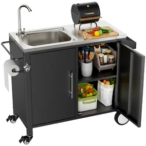 Outdoor Grill Table with Sink, Grill Cart with 304 Stainless Steel Sink and Cabinet, Outdoor Grill Cart,Outdoor Cart Sink Station with Wheels, L38" x W18" x H35"    RR